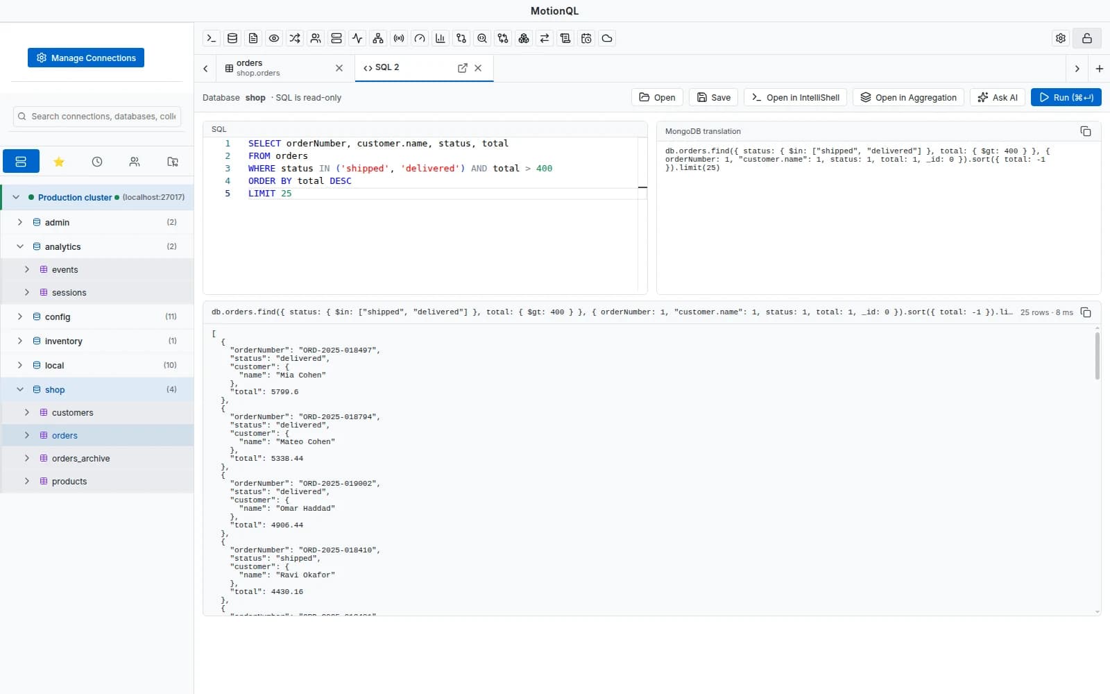 MotionQL SQL Query with a SELECT statement and its MongoDB translation